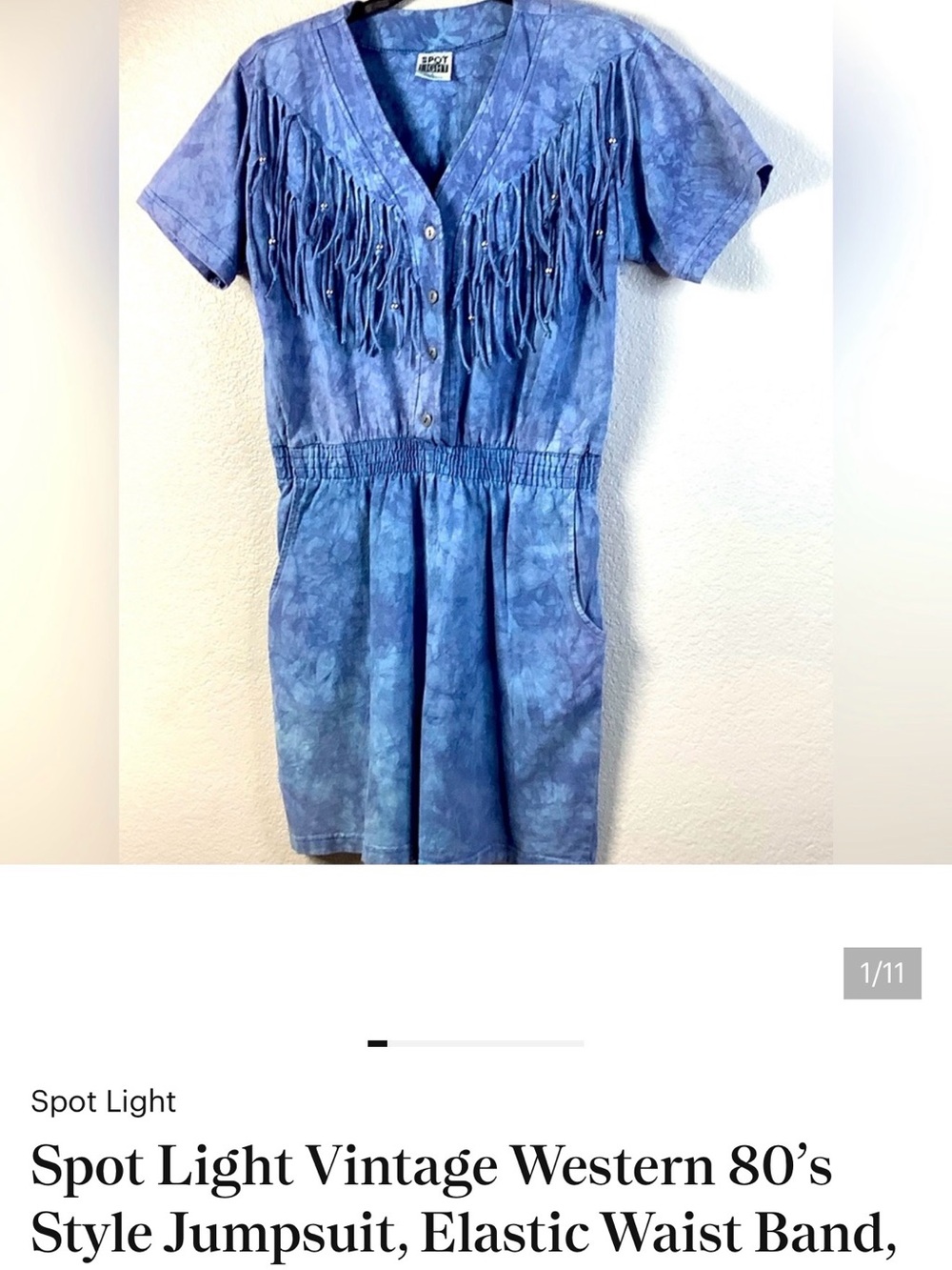 Vtg Romper by SpotLight Blue Tie-Dye Shorts elastic waistband & button up